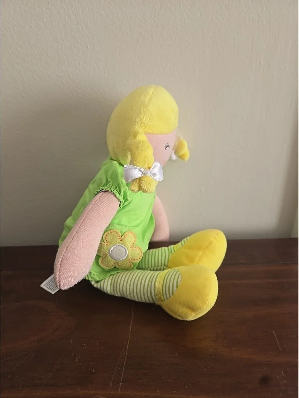 Carters’s Baby Doll Plush Green Dress stripes yellow flowers shoes blonde Lovey